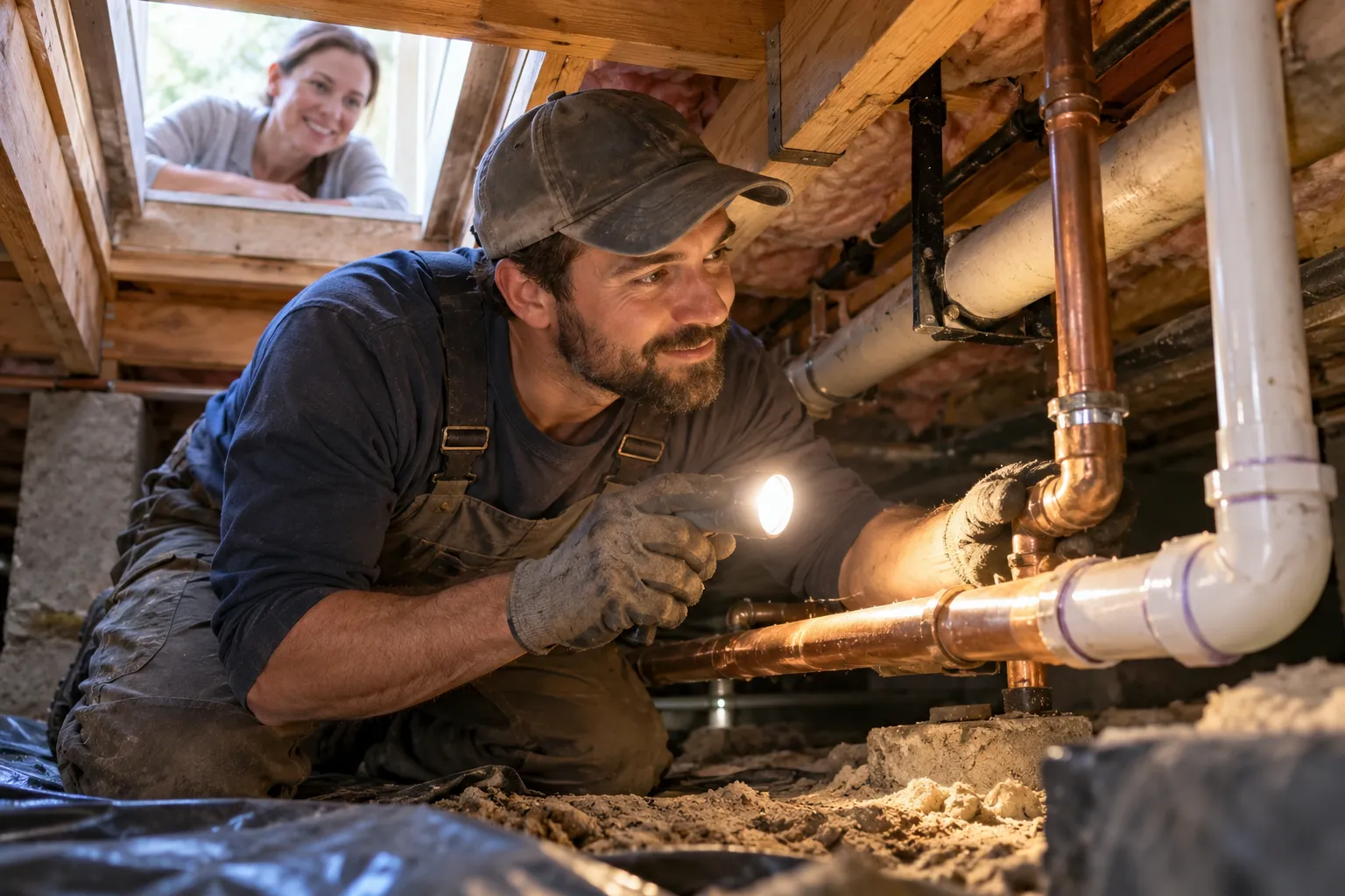 A plumbing provider checking a pipe in a home across the Lovejoy area