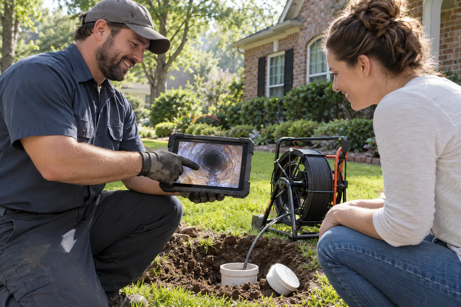 A friendly local plumbing provider reviewing a sewer camera inspection with a homeowner near Lovejoy